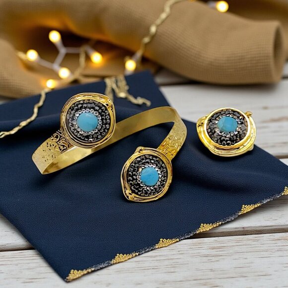 ๐ Boho Chic 18K Gold Plated Cuff & Ring Set With Turquoise & Hematite Stones - Picture 5 of 12